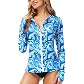 AOBUTE Women Zipper Rash Guard SPF 50+ Swim Shirt Zip Up Surfing Swimwear Top with Thumb Hole