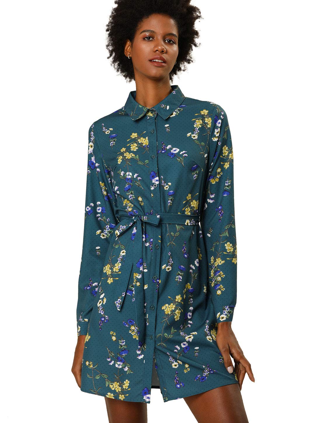 Photo 1 of Allegra K Women's Button Down Vintage Polka Dots Dresses Collar Tie Belted Floral Shirt Dress Medium Teal Blue