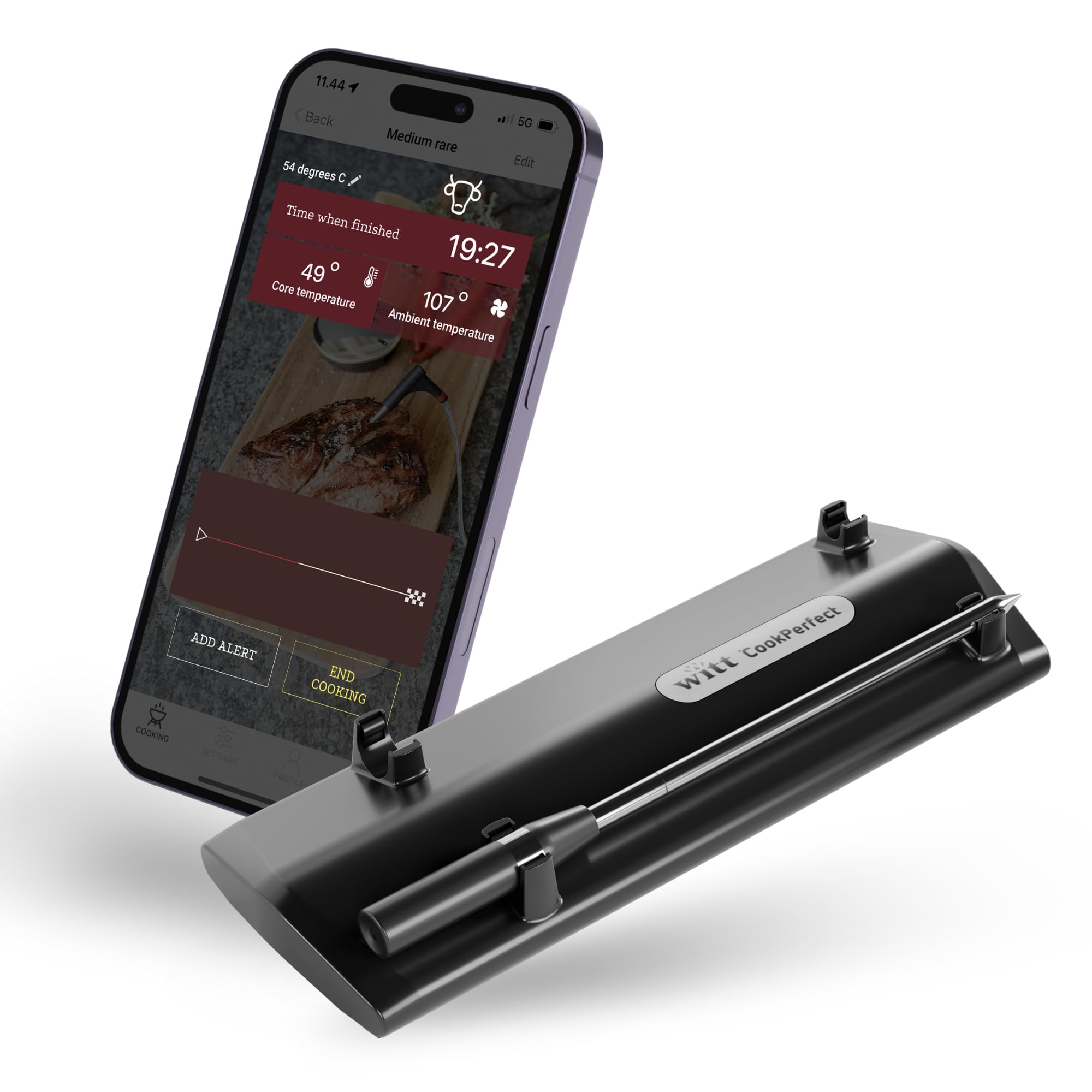 CookPerfect Wireless Meat Thermometer Probe for Indoor & Outdoor Cooking (BBQ, Grill, Oven, Smoker) with 120m Bluetooth Range & 24-Hour Battery Life, App Connected, WiFi-Enabled, USB Rechargeable