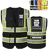 Safekim Custom Safety Vest with Logo, High Visibility Reflective Personalized Vest with Pockets and Zipper for Men Women Work