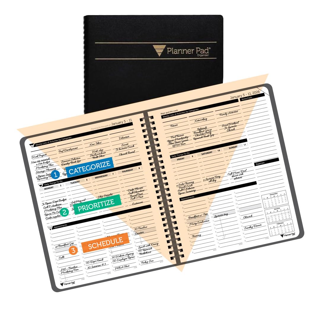 Planner Pad Spiral Bound January-December 2026/ Calendar Year 6 3/4" x 8 1/2" Medium 3-Tier Funnel Down 12 Month Organizer, Black Cover/Black Ink Image