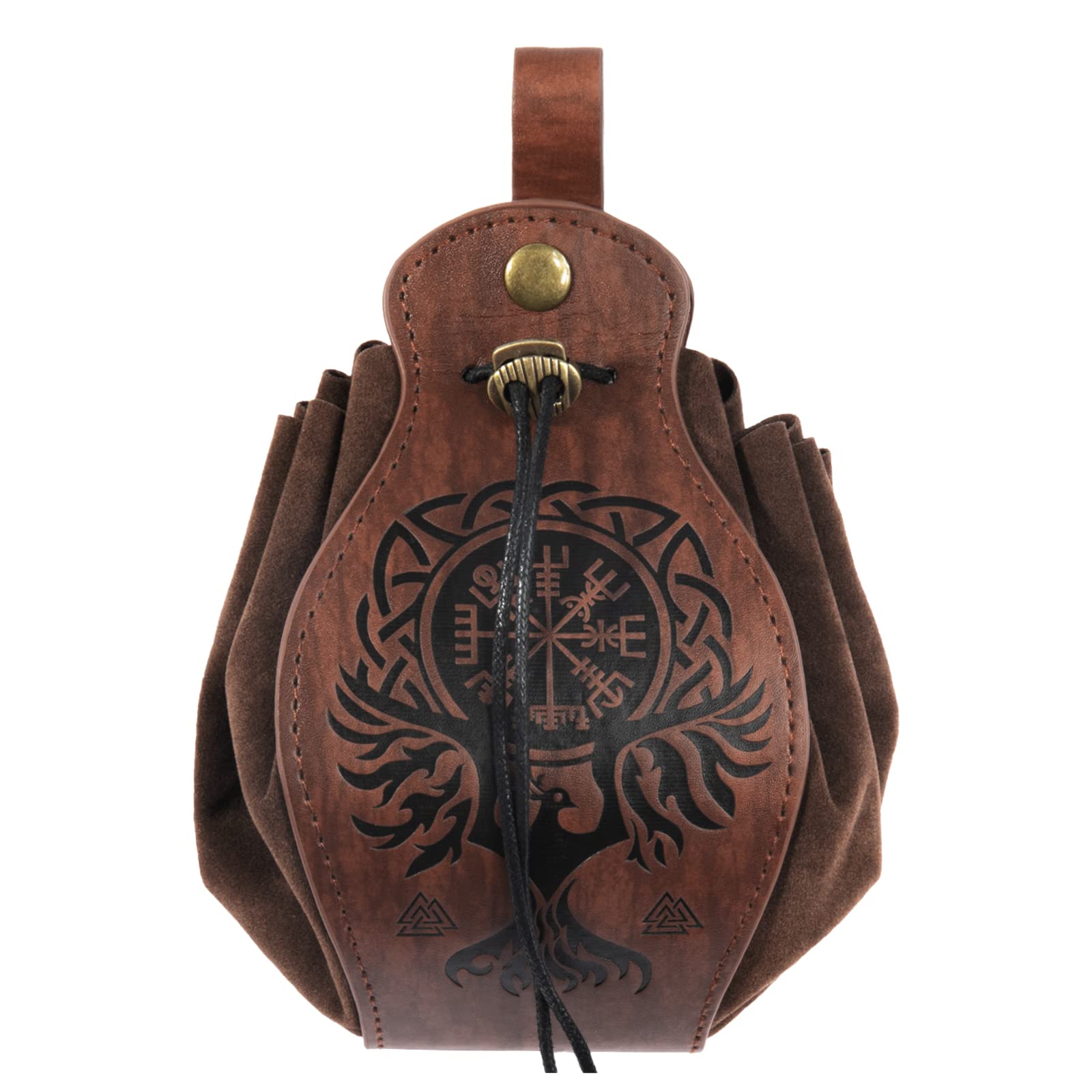 Medieval Faux Leather Viking Pouch Drawstring Vintage Pouch Nordic Compass Pattern Wallet Portable Dice Coin Purse Retro Belt Pouch Fashion LARP Pouch Waist Bag for Women Men Brown