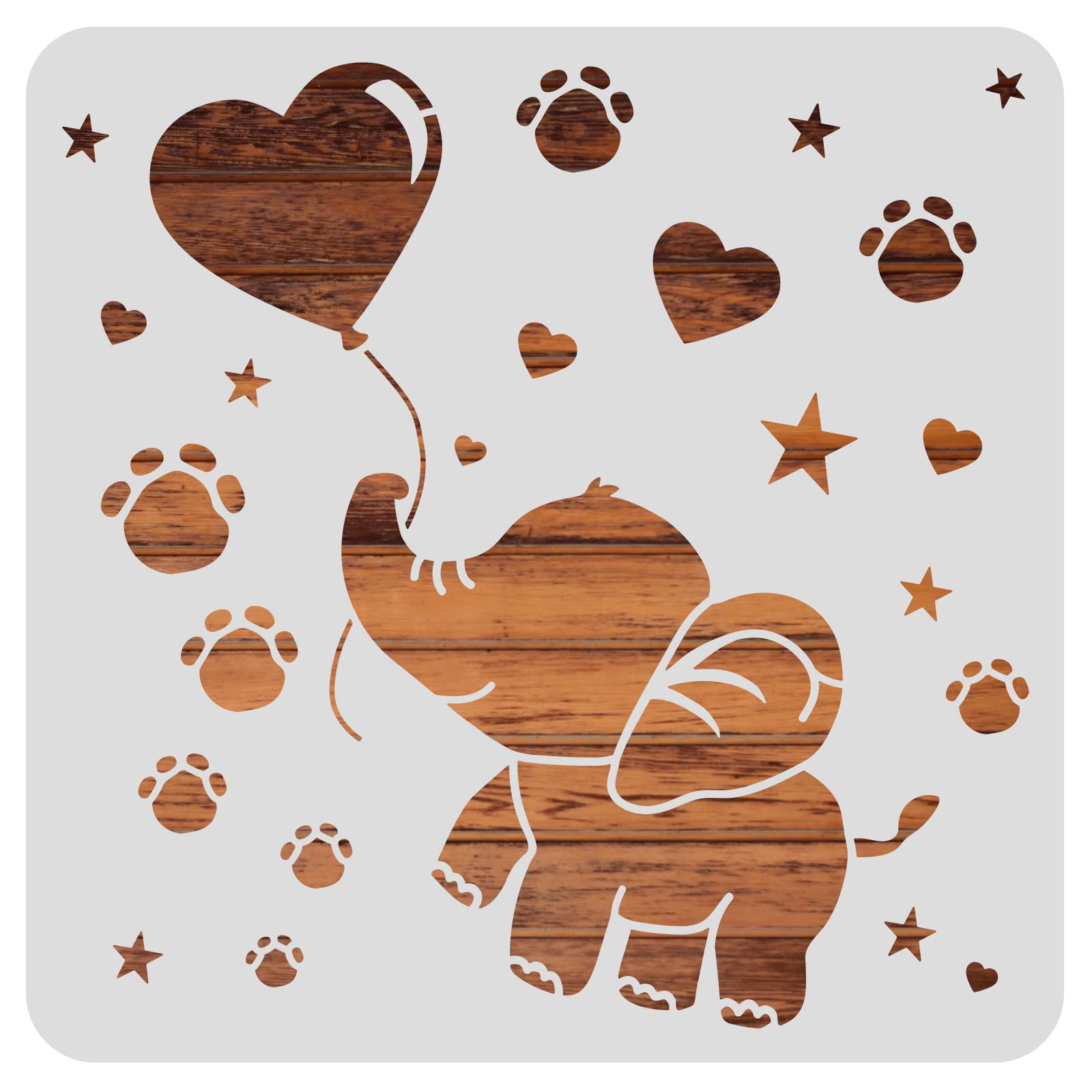 BENECREAT Elephant Plastic Painting Stencil, Heart Balloon Footprint Drawing Template for Art Painting on Wood, Scrabooking Cardmaking and Wall Decoration, 30x30cm — image 1