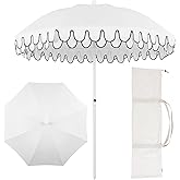 JONATHAN Y UMB1004D Horizon 6.5 ft. Classic MidCentury Scalloped Fringe Market Beach Umbrella with Push-Button Tilt, Wind Vent and UV Protection, and Matching Carry Bag in White/Black, White Pole