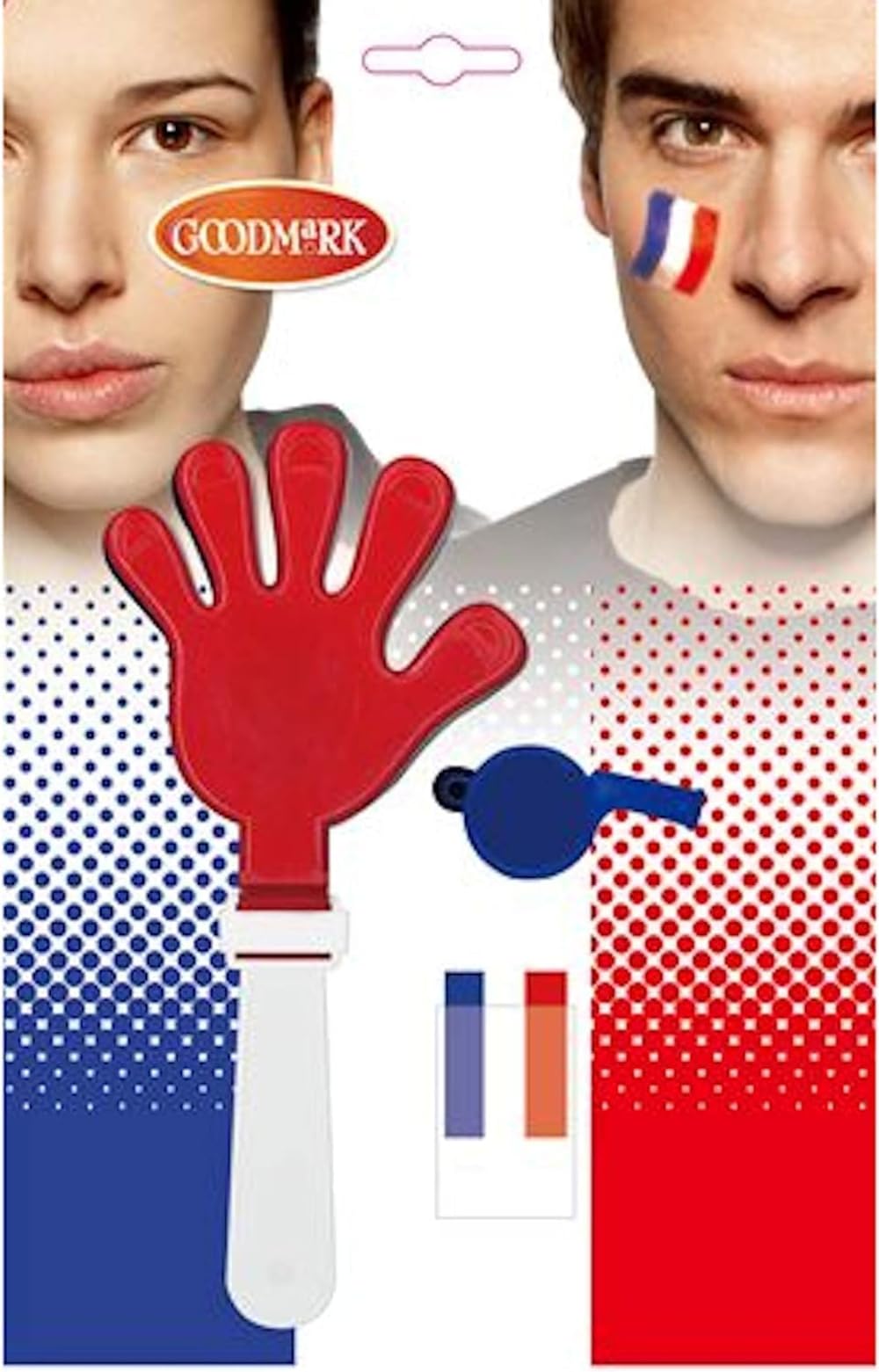 GOX French Stand Kit 3 Pieces, Whistle, Clap Hand and Make-Up Stick Face Tricolour France Blue White Red