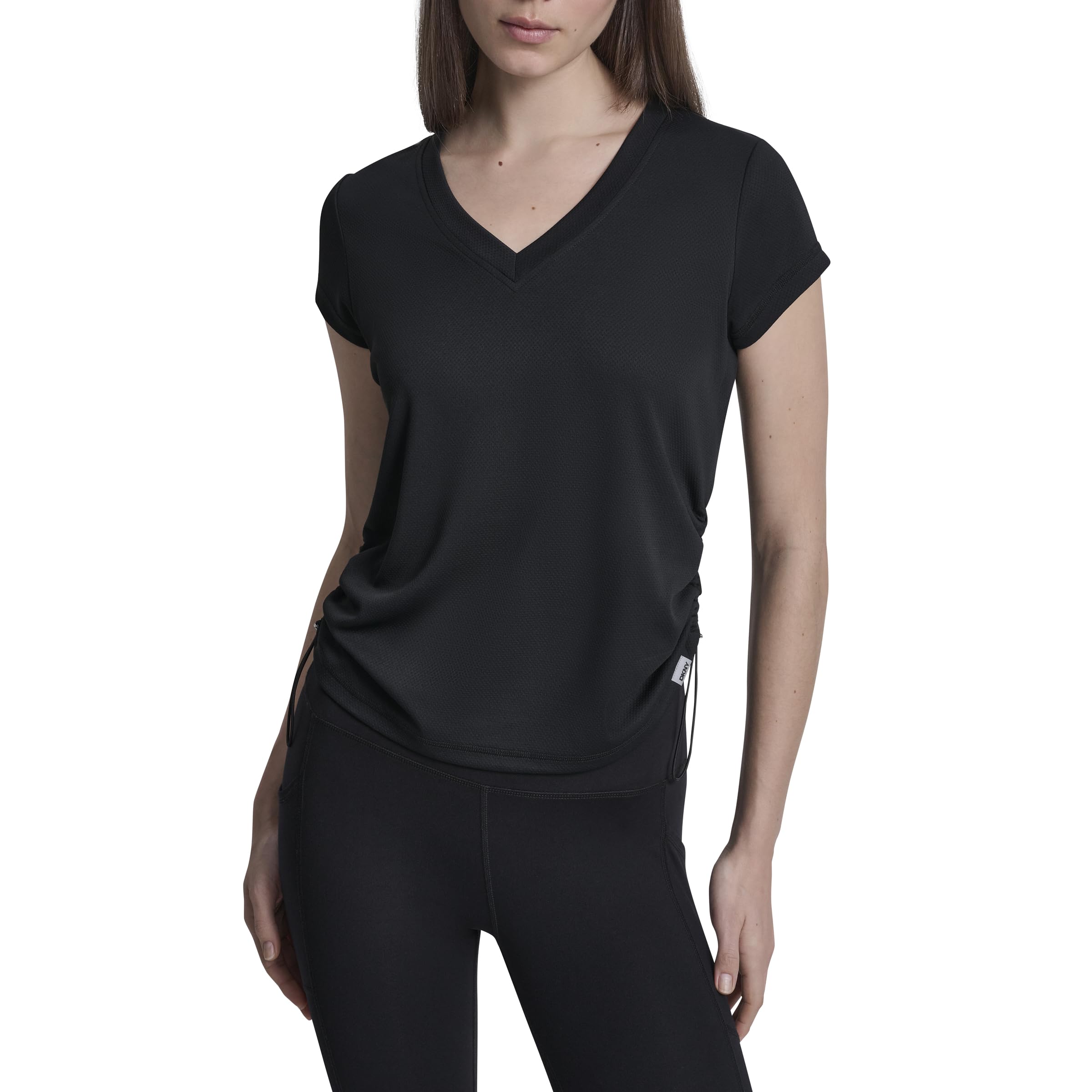 DKNY Women’s Short Sleeve Tech Tee with Ruched Side Seams, Black, Large
