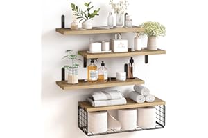 Fixwal 4+1 Tier Floating Shelves, Rustic Wood Wall Shelf, Bathroom Shelves Over Toilet with Wire Storage Basket, Farmhouse Wall Decor for Bedroom, Kitchen, Living Room and Plants (Rustic Brown)