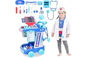 CASRRA Doctor Kit for Toddlers 3-5 Doctor Costume for Kids Dentist Play Set Medical Kit Doctor Play Set Kids DR Kit Kids Doctor Cart Kit Pretend Play Toys for 3 4 5 Years Old Girls