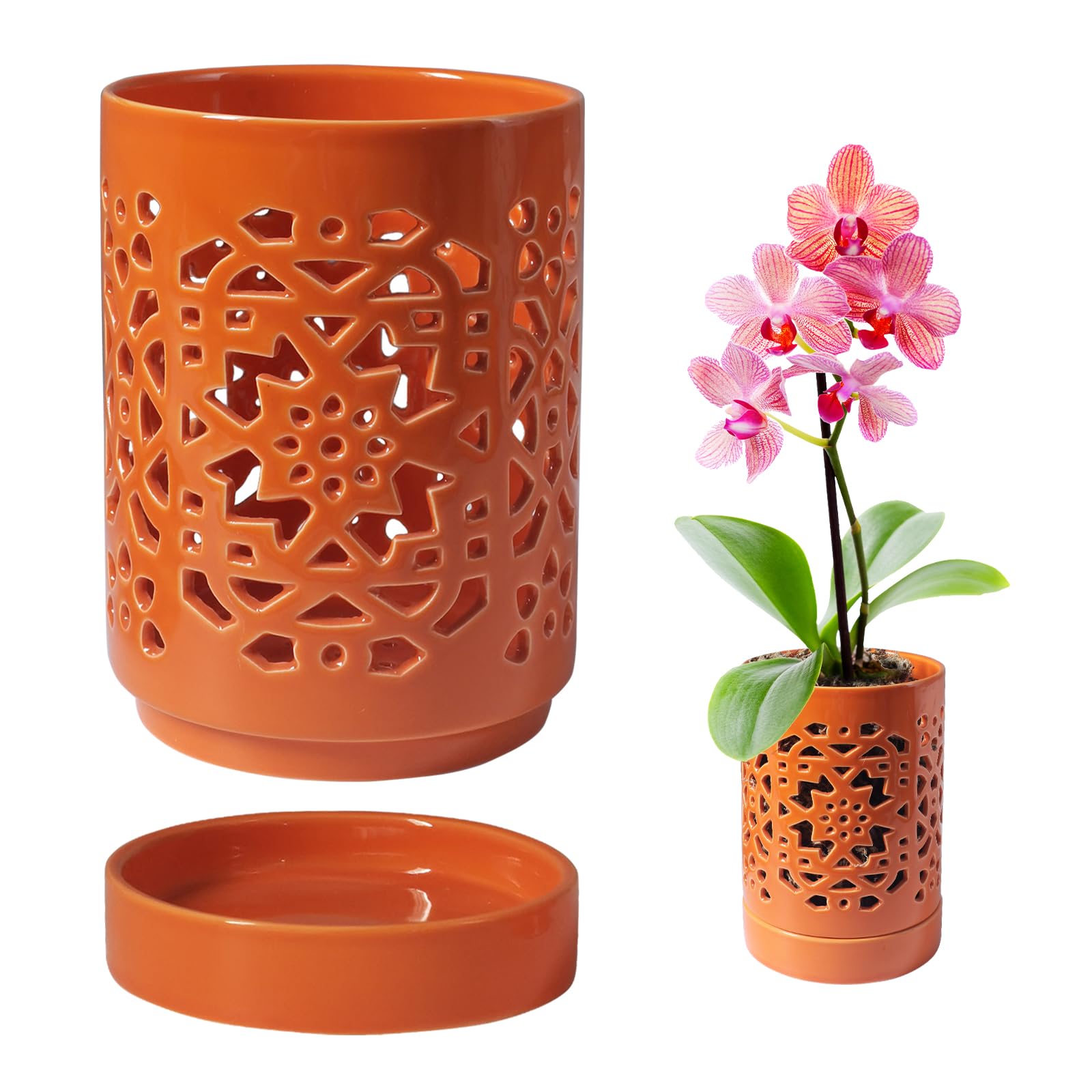 Photo 1 of Blumiger Orchid Pot 4 Inch, Orchid Pots with Holes & Saucers for Repotting, Breathable Slotted Orchid Pots Flower Plant Nursery Pot Orange