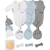 3 PK Baby Knotted Gowns Set with Mittens, Hats, Headbands & Wooden Name Tag for Breathable Newborns Going Home Outfit
