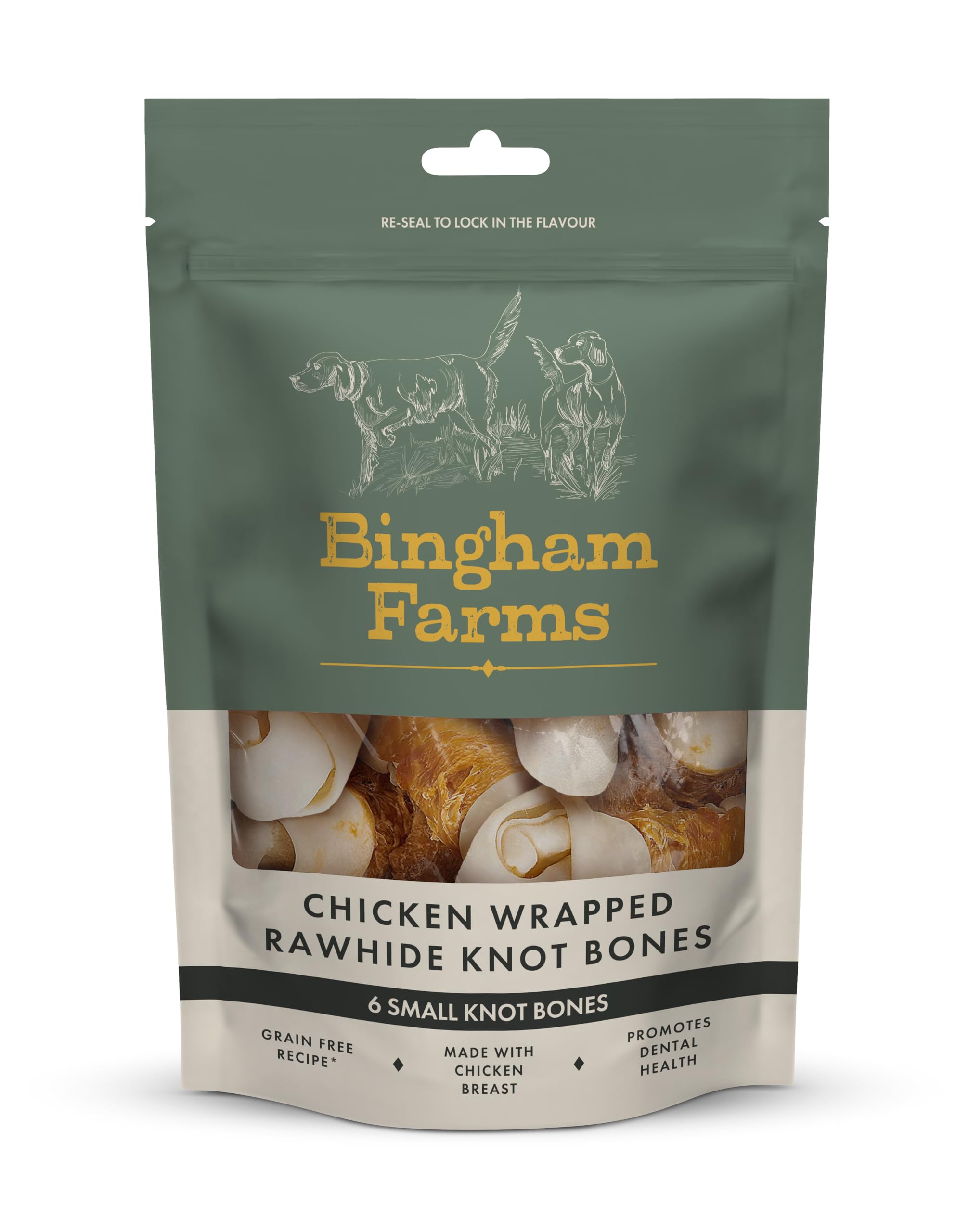 Bingham Farms Chicken Wrapped Rawhide Knot Bone Dog Treat - Dental Chew, Nutritious, Natural Flavour, High Protein – Small - 6 pk 90g