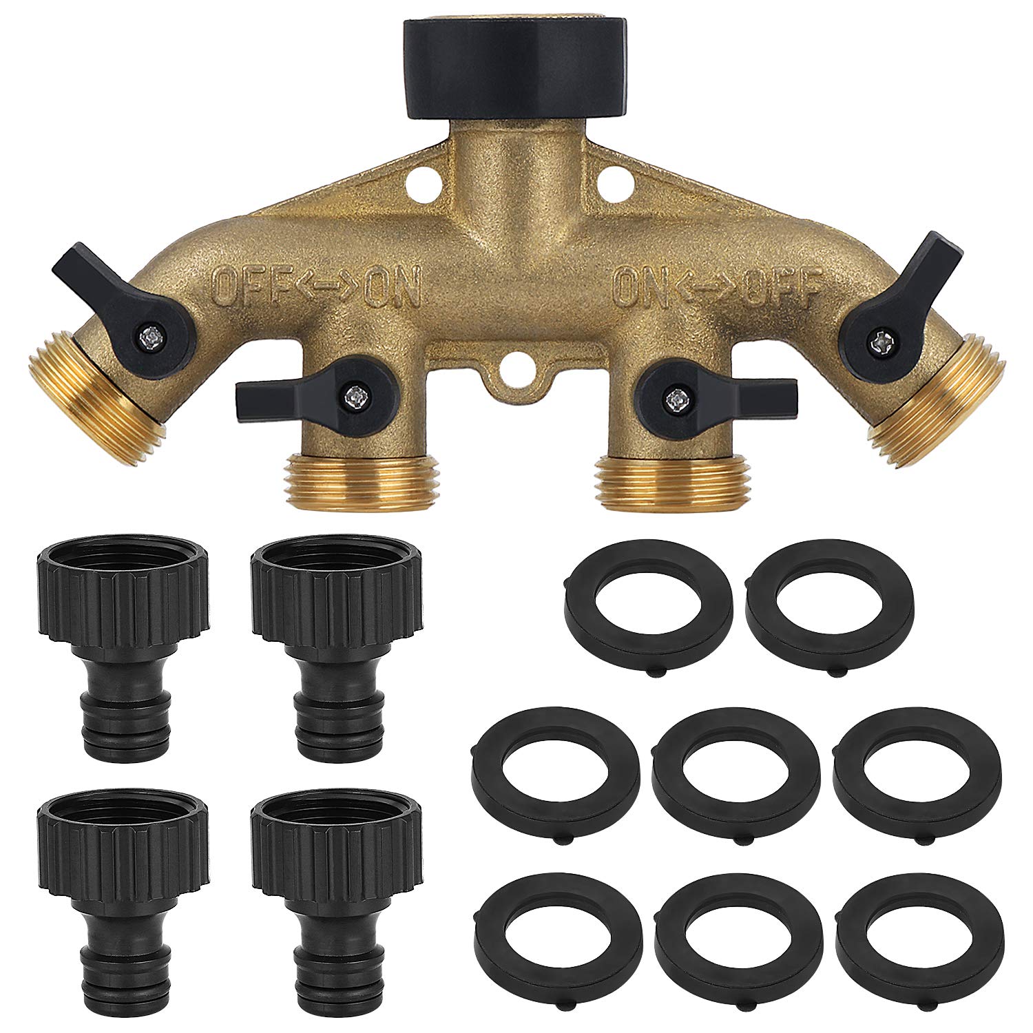 Moendergo Heavy Duty 4 Way Hose Splitter Tap, 3/4" Brass Hose Connector, Garden Tap Adaptor with 4 Separate ON/OFF Valves for Outdoor Watering, Greenhouses & Car Washing