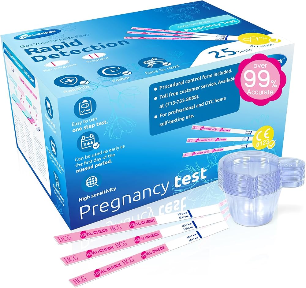 HEAL-CHECK Pregnancy Tests with Cup, Bulk Pregnancy Test Strips for Home Detection, Over 99% Accuracy, Individually Wrapped,