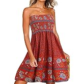 Tube Top Dress Boho Floral Summer Beach Csual Sun Dresses Strapless Dress for Women Red S