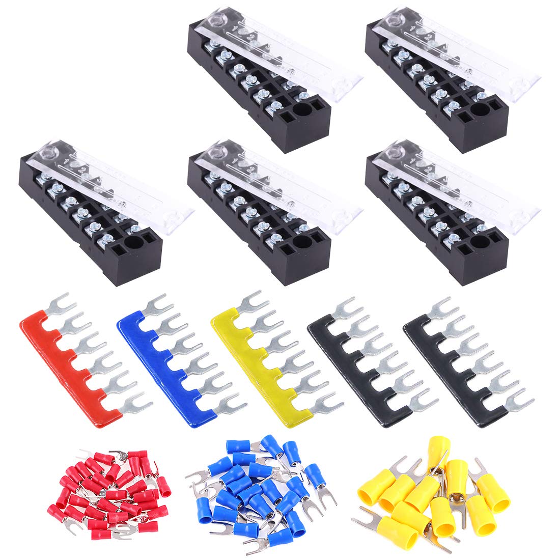 Glarks 70Pcs(5Sets) Terminal Block Set, 5Pcs 6 Positions 600V 15A Dual Row Screw Terminals Strip + 5Pcs Pre-Insulated Barrier Strips + 60Pcs Insulated Fork Wire Connector (6P+Fork Connector)
