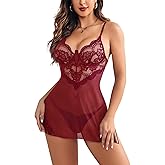Avidlove Underwire Lingerie for Women Lace Babydoll Chemise Mesh Nightgown V Neck Side Slit Wine Red M
