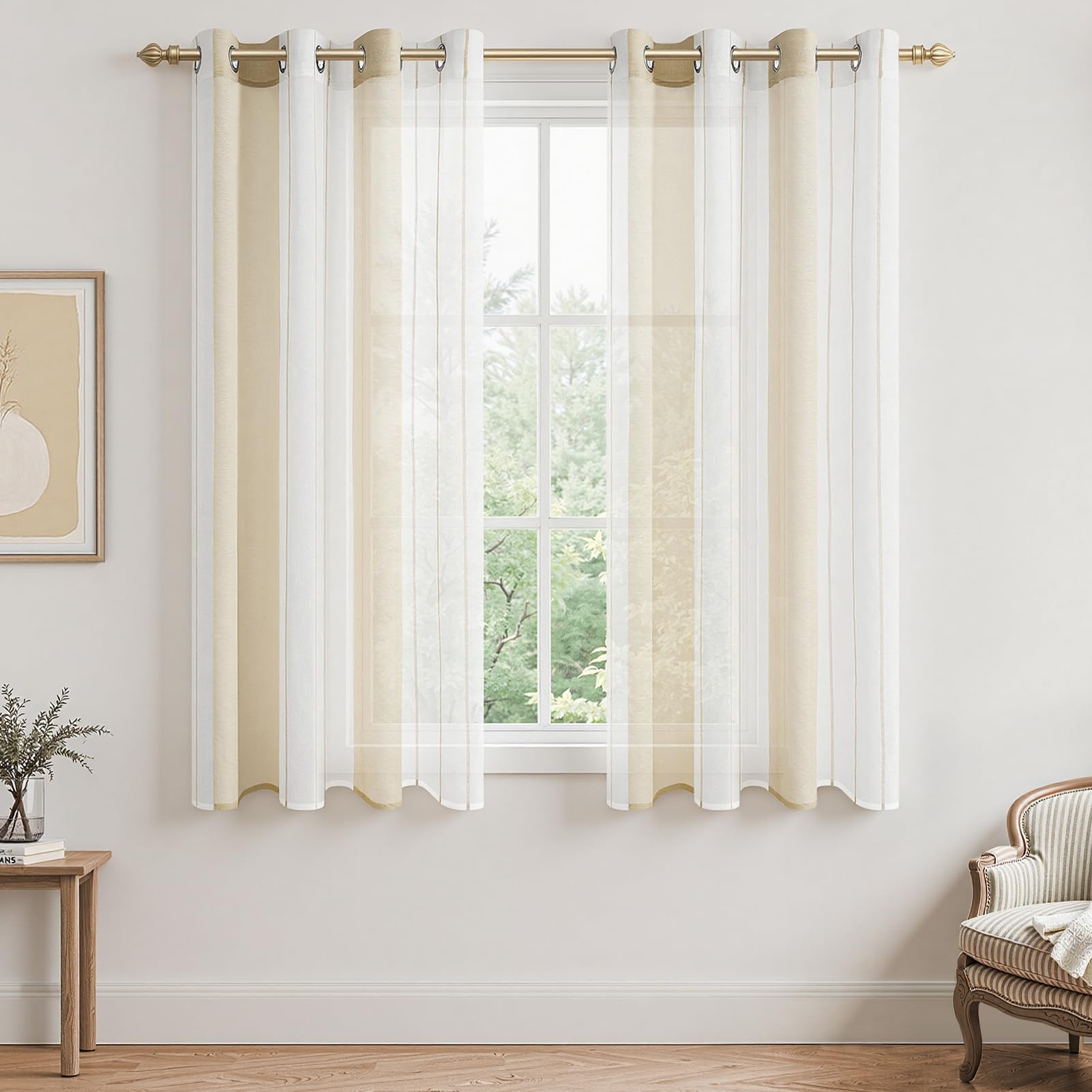 MRTREES Voile Curtains 63 Drop 2 Panels Cream and White Eyelet Voile Curtain with Stripe Design Semi Sheer Curtains For Kids Living Room Bedroom Kitchen Curtains 55x63 Inch 140x160 cm