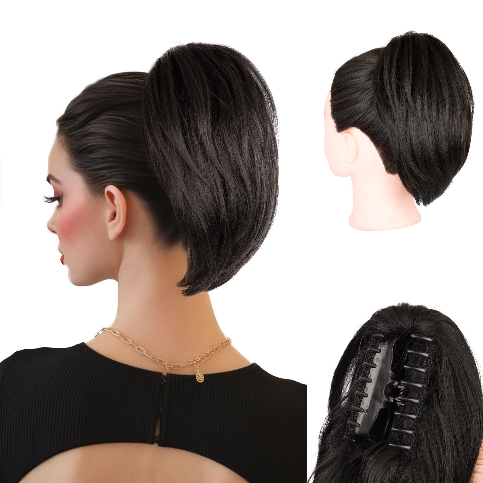 Photo 1 of 10 Inch Short Ponytail Extension - Soft Straight Pony Tails Hair Extensions, Claw Clip Ponytail Extension, Natural Short Hair Extensions Ponytail, Synthetic Hair Pieces for Women (Color: Black Brown)