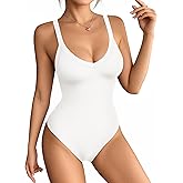 MANGOPOP Women's V Neck Tank Top Bodysuits Racerback Slim Fit Sleeveless Body suit Sexy Spaghetti Strap Ribbed Tops