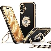XYZ for iPhone 17 Case with Stand, Phone Case with Double Ring Kickstand, Women Girls Bling Luxury Protective Case Heart for iPhone 17, Black