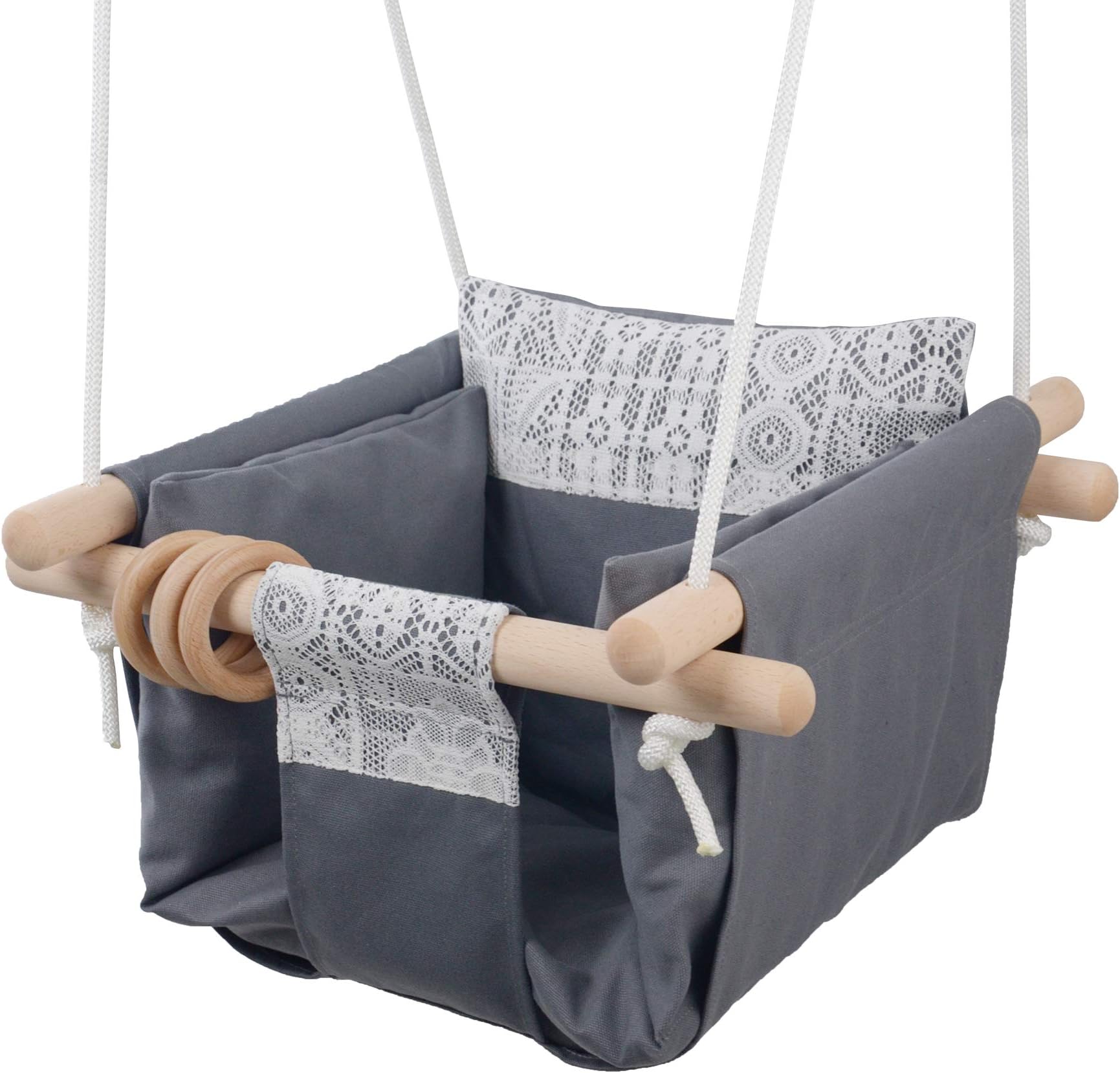 Jozeit Baby Kids Toddler Canvas Swing Seat Chair - with Cushion - Lace Decor (Grey)