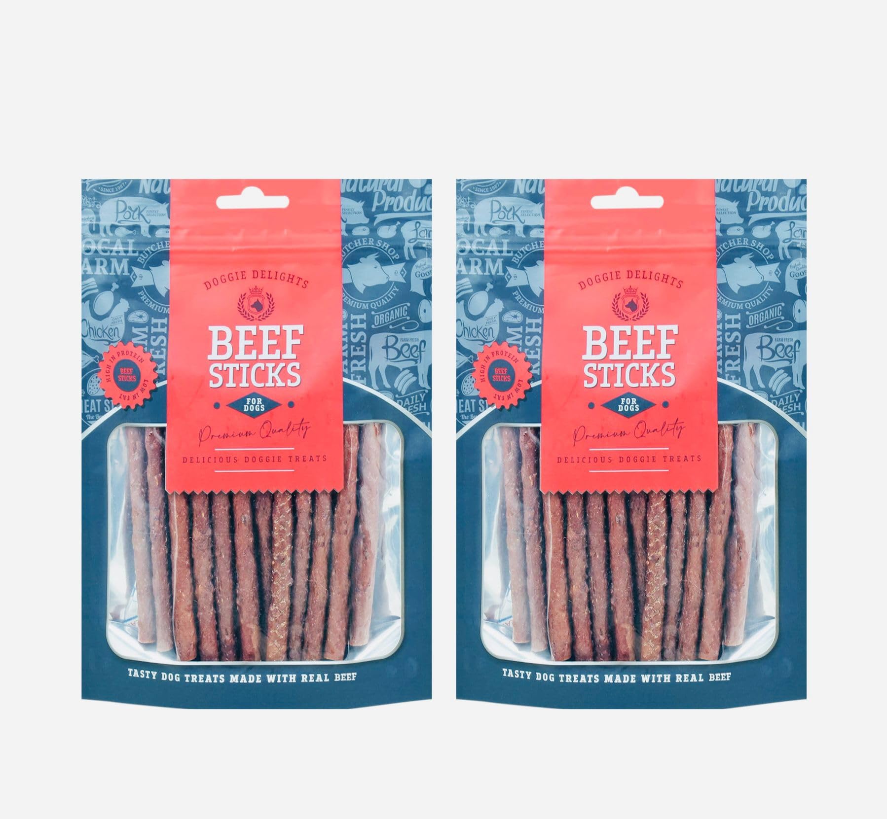 2x Doggie Delights Dog Treats For Dogs Premiam Quality Delicious Doggie Healthy Treats High In Protein Low in Fat Real (2x Beef Strips - Each 190g)