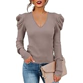 Amarmia Women's Puff Long Sleeve Knit Pullover Sweaters Casual V Neck Ribbed Solid Soft Slim Fit Sweater Blouse Tops