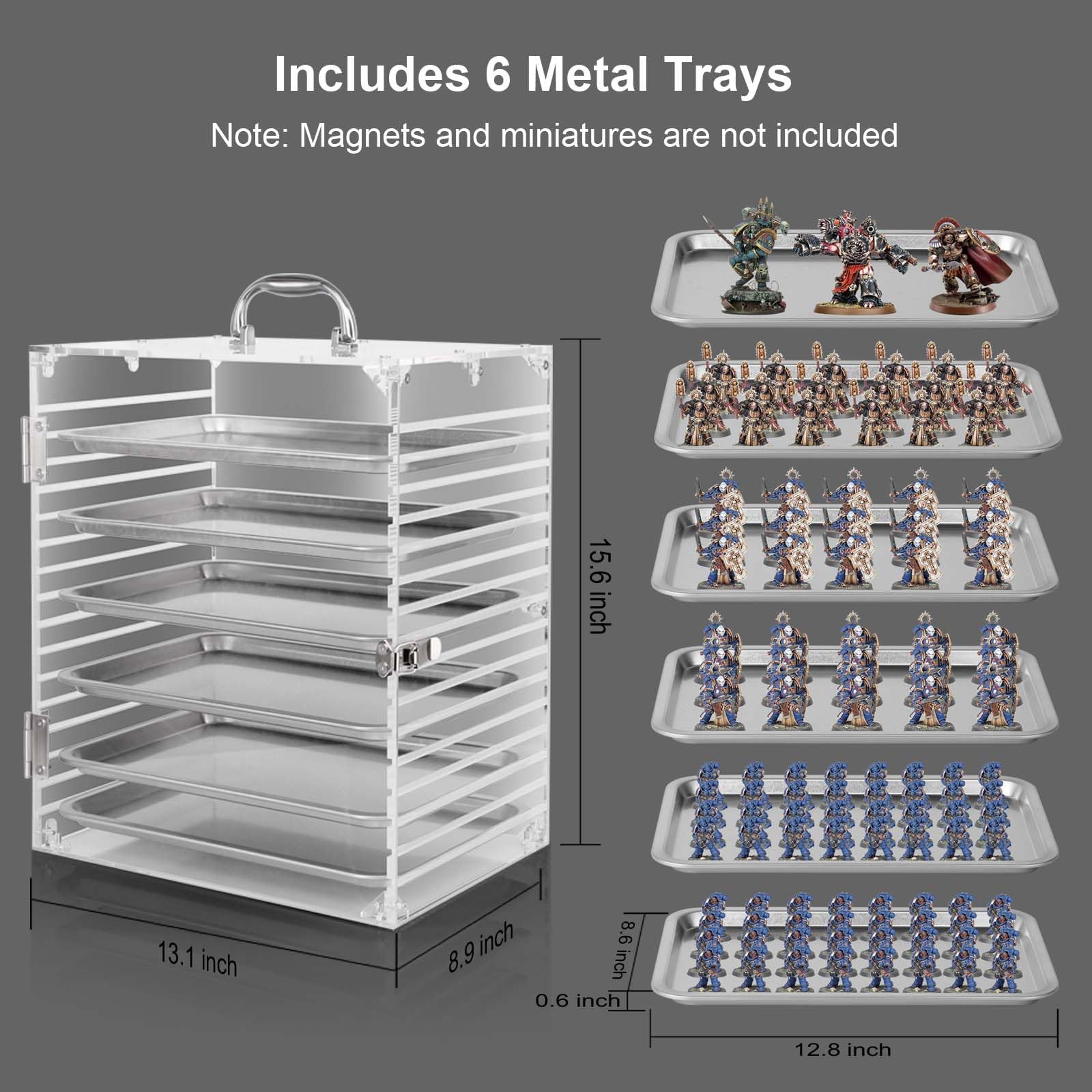 Famard Clear Acrylic Miniature Storage Case, Miniatures Carrying Case with 6 Magnetic Metal Trays, Miniature Display Case with Protective Door Compatible with Warhammer 40k