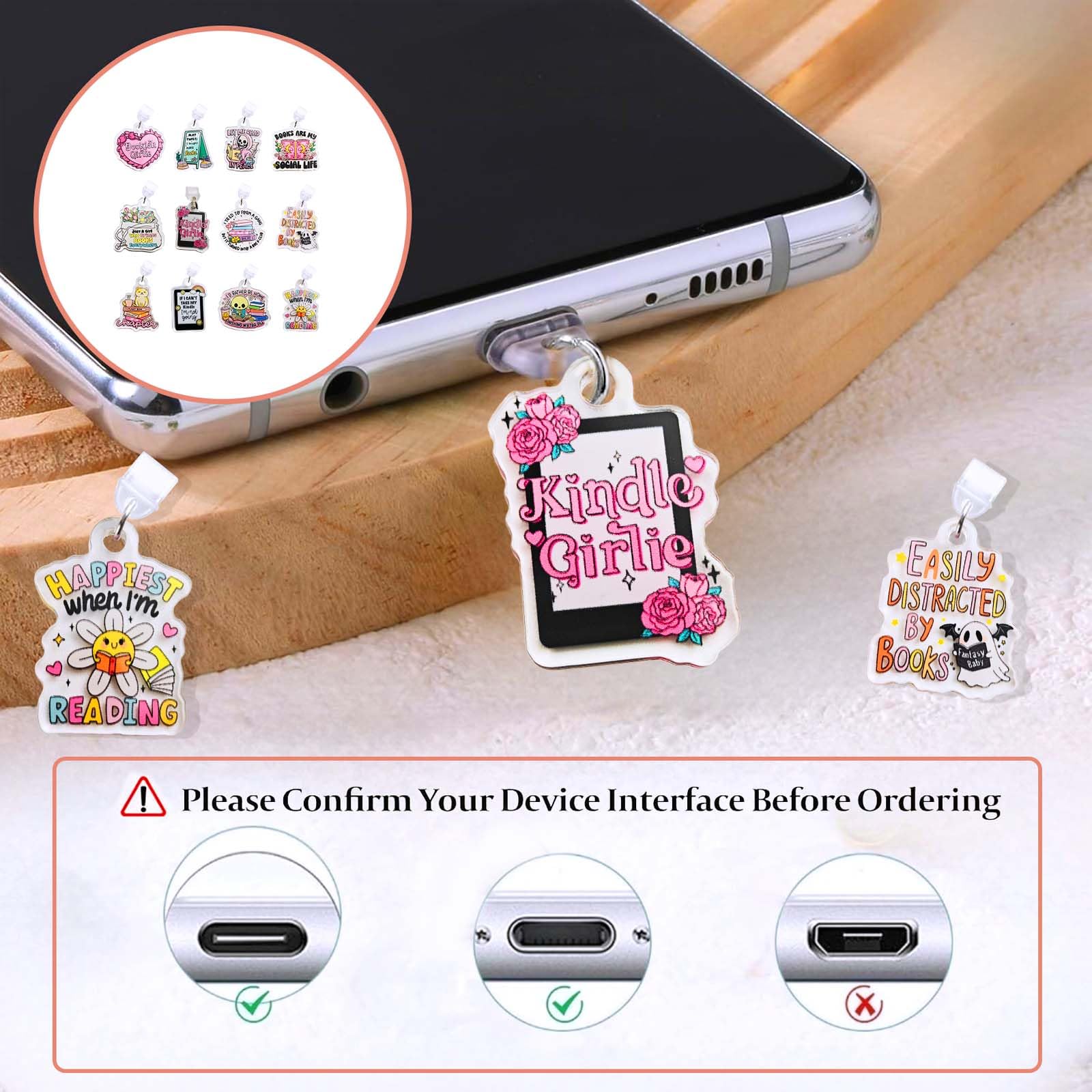 Vozekrod 12PCS Charms for E-Reader – Type C Dust Plug Accessories for Kindle & Tablets, Cute Acrylic Port Protectors, Gift for Book Lovers, Students, Teachers, Friends