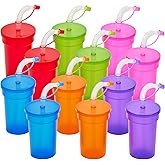 Playbees 12 Pack Neon Sipper Cups - 12 Oz. - Colorful, Spill-Proof Cups with Lids and Straws - Ideal for School Events, Themed Parties, and Birthday Celebrations - Party Supplies