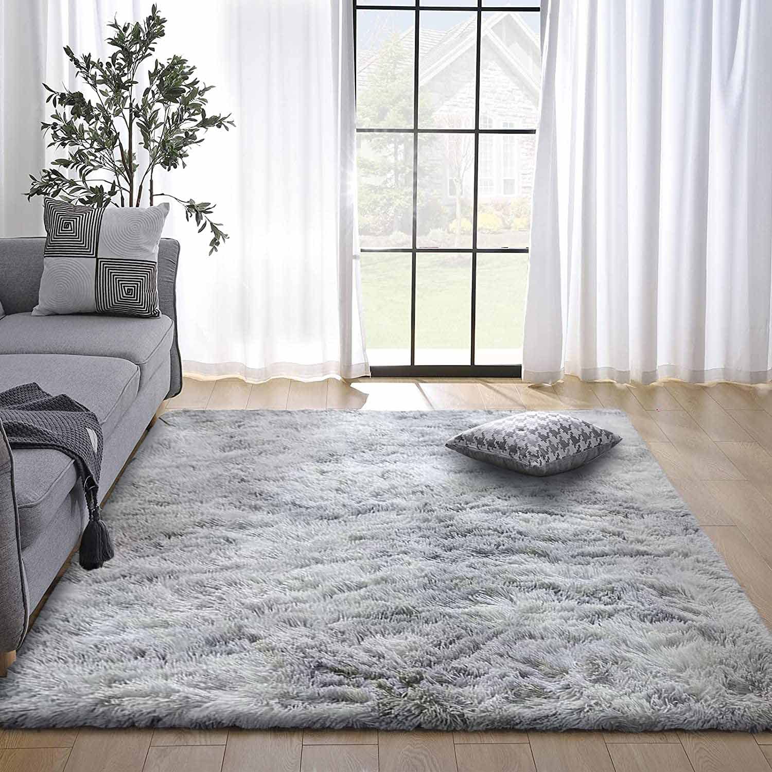 Tinyboy-hbq Area Rugs Fluffy Bedroom Carpet Soft Floor Mat Anti-Slip Living Room Rugs Shaggy Plush Carpets for Living Room Home Decor (Grey white, 80 * 120cm) — image 1