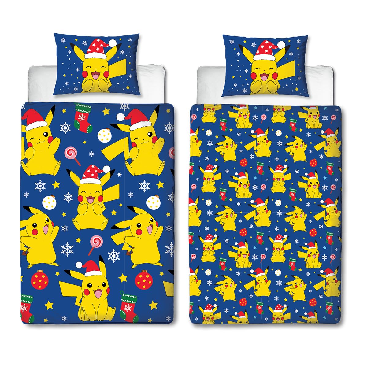 Character World Pokemon Official Single Duvet Cover Set, Xmas Fun Pikachu Design | Reversible 2 Sided Bedding Cover Official Merchandise Including Matching Pillow Case | Christmas Single Bed Set