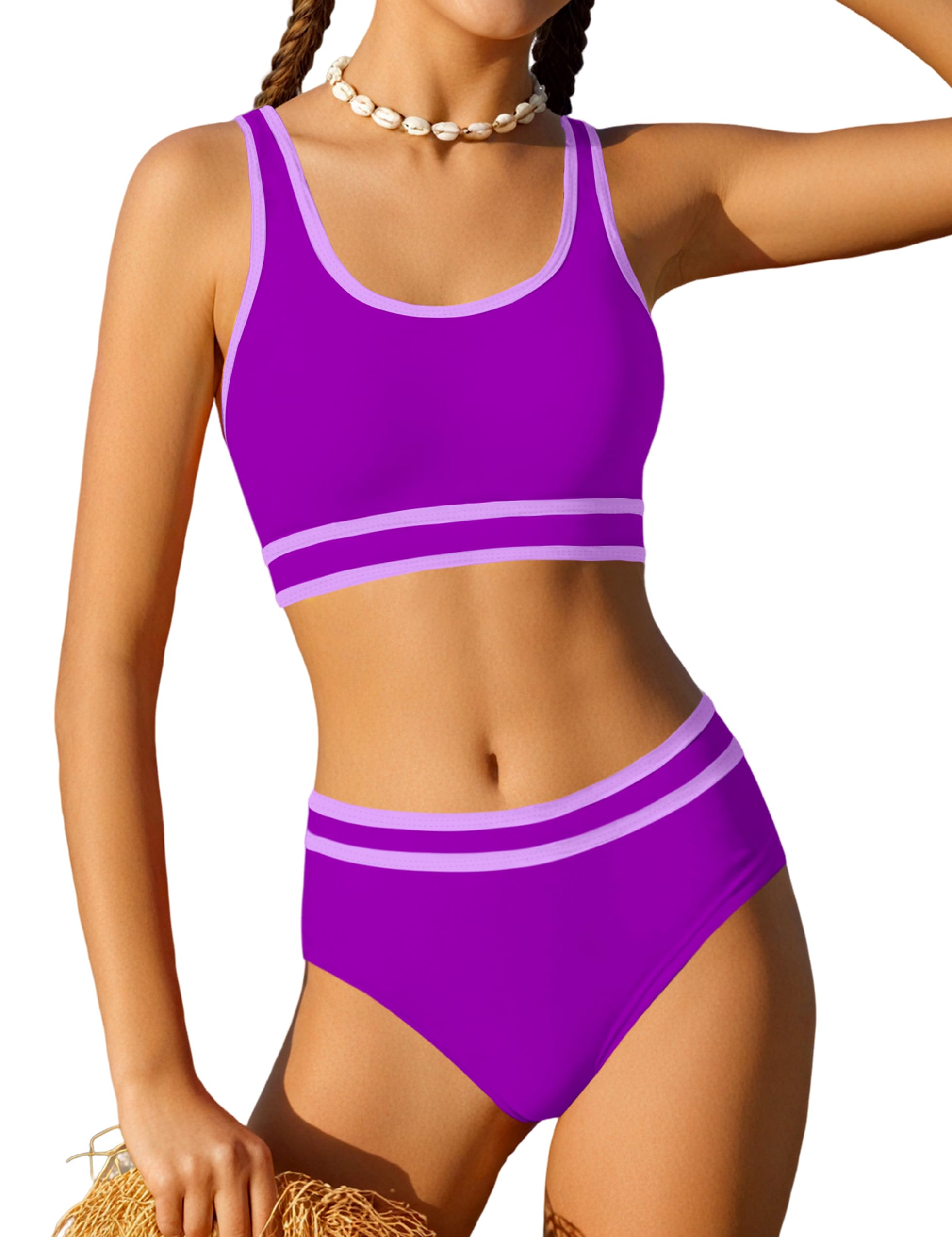 Photo 1 of Girls Swimsuit Size 10-12 Girls Bathing Suit Adjustable Shoulder Strap Dark Purple High Waist Cute Sporty Bikini Teen Swimsuit Swim Cover Up Skirt 3 Piece Swimwear Size 10-12 Set