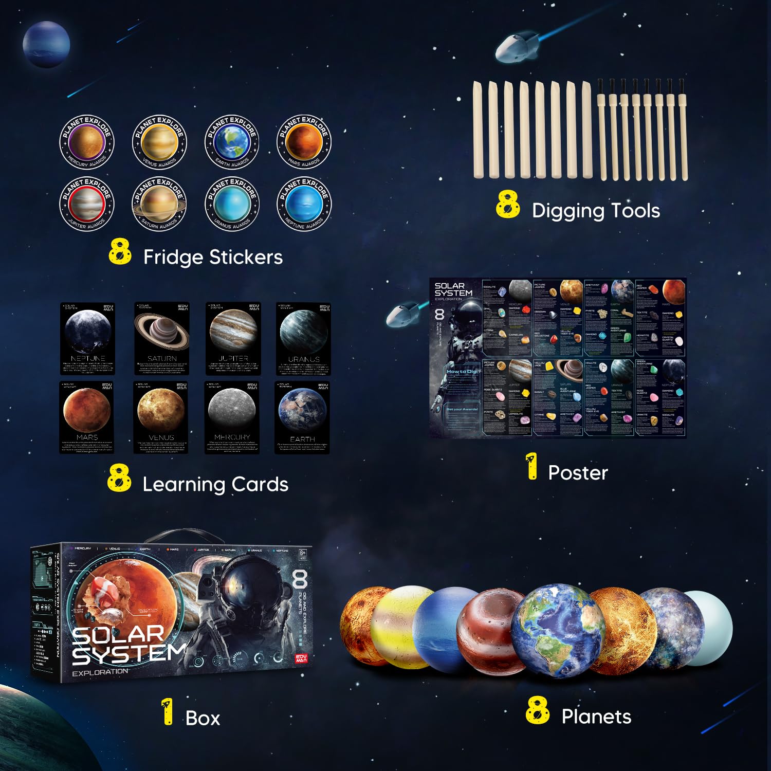 EDUMAN Gemstone Dig Kit - Dig It Up 40 Real Gems & Crystals with Mining Kit Tools, Solar System Eight Planets Toys for Kids Age 6+, STEM Science Educational Toys, Space Toys Ideal Gift for Boys Girls
