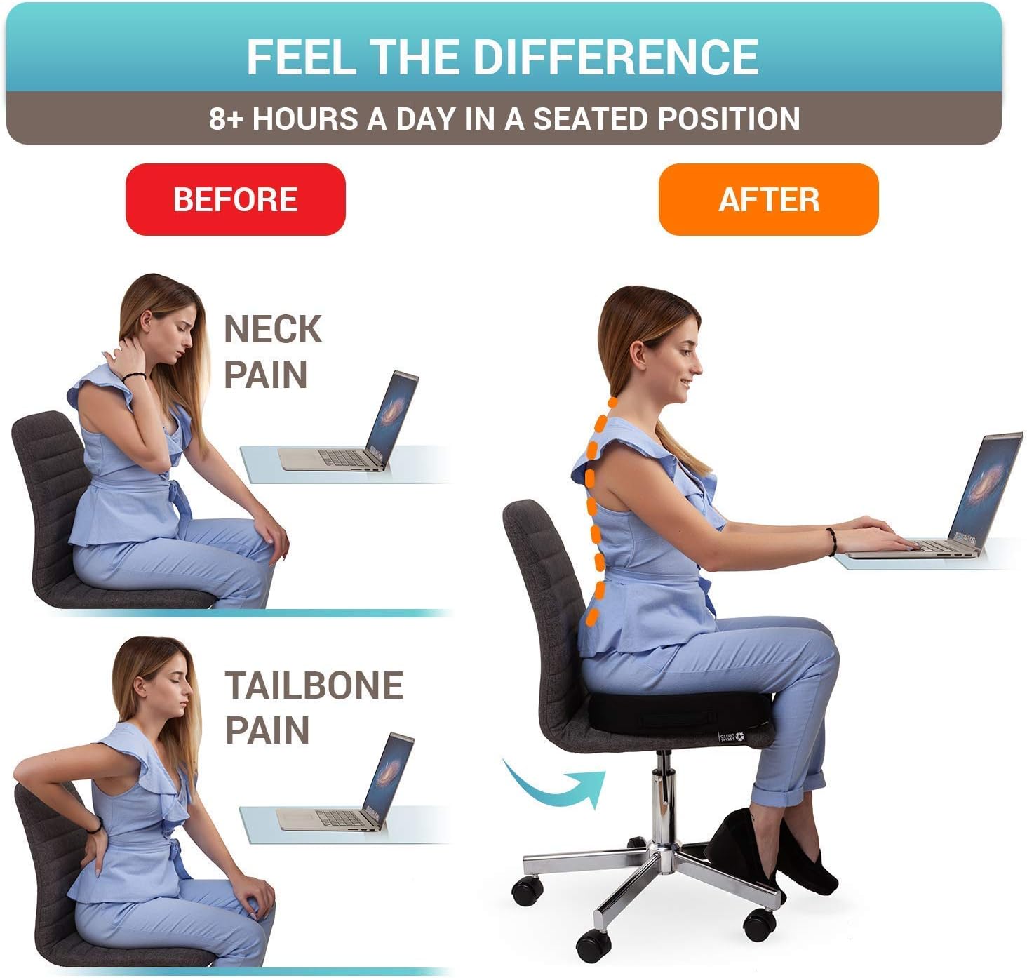 Seat Cushion Pillow for Office Chair - 100% Memory Foam Firm Coccyx Pad - Tailbone, Sciatica, Lower Back Pain Relief - Contoured Posture Corrector for Car, Wheelchair, Computer and Desk Chair : Office Products