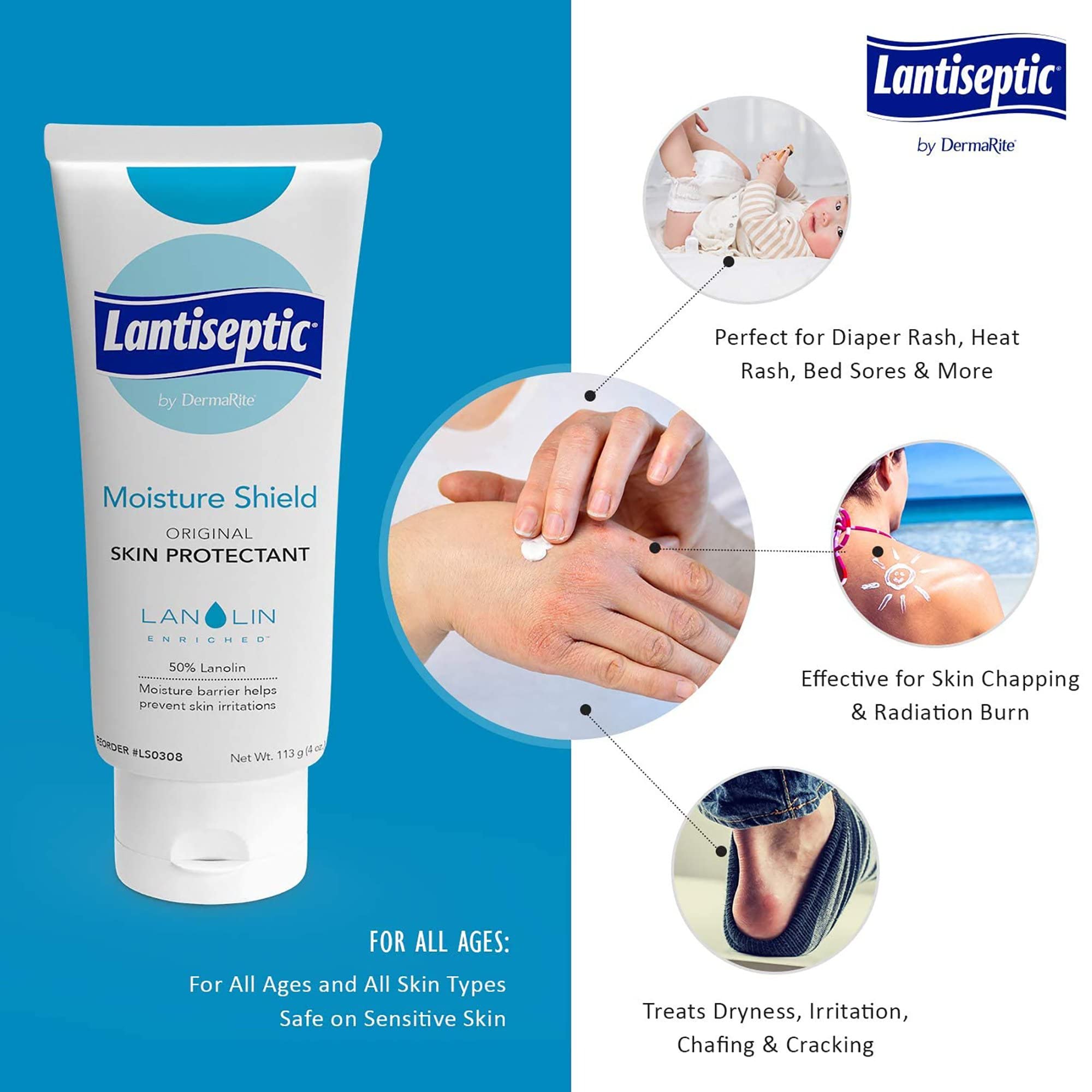 DermaRite's Lantiseptic Moisture Shield Original Skin Protectant - 50% Lanolin, Paraben Free, Unscented Barrier Cream Ointment - 4 oz. Tube, 1 Count