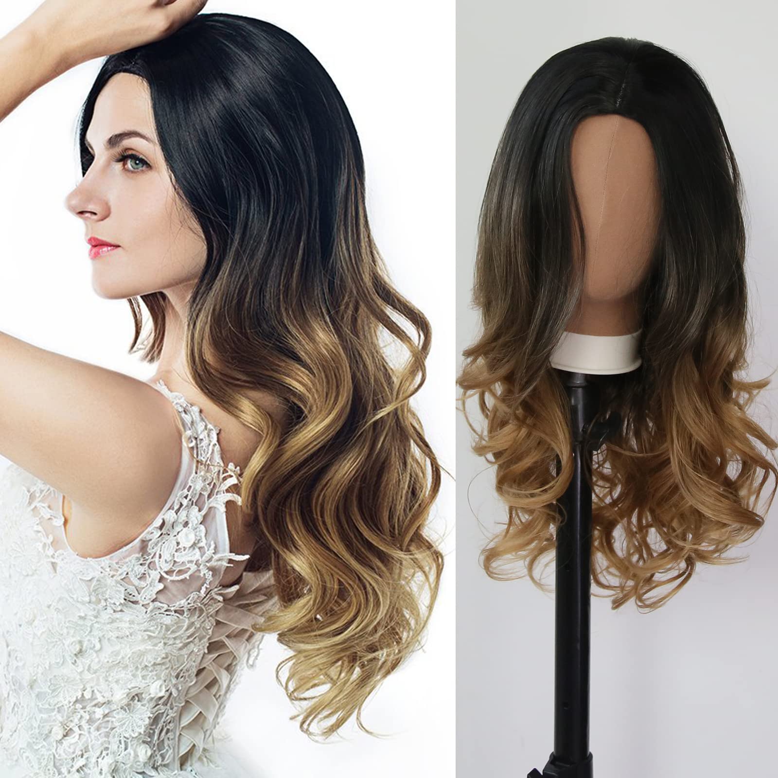 Towarm Long Wavy Ombre Brown Wig Middle Part Synthetic Wigs for Women Glueless High Temperature Fiber Cosplay Daily Wear Wig (R2/30/27)