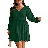 RWJ Plus Size Dresses for Curvy Women V Neck Long Sleeve Elastic Waist Fall Wedding Guest Layer Casual Mini Dress