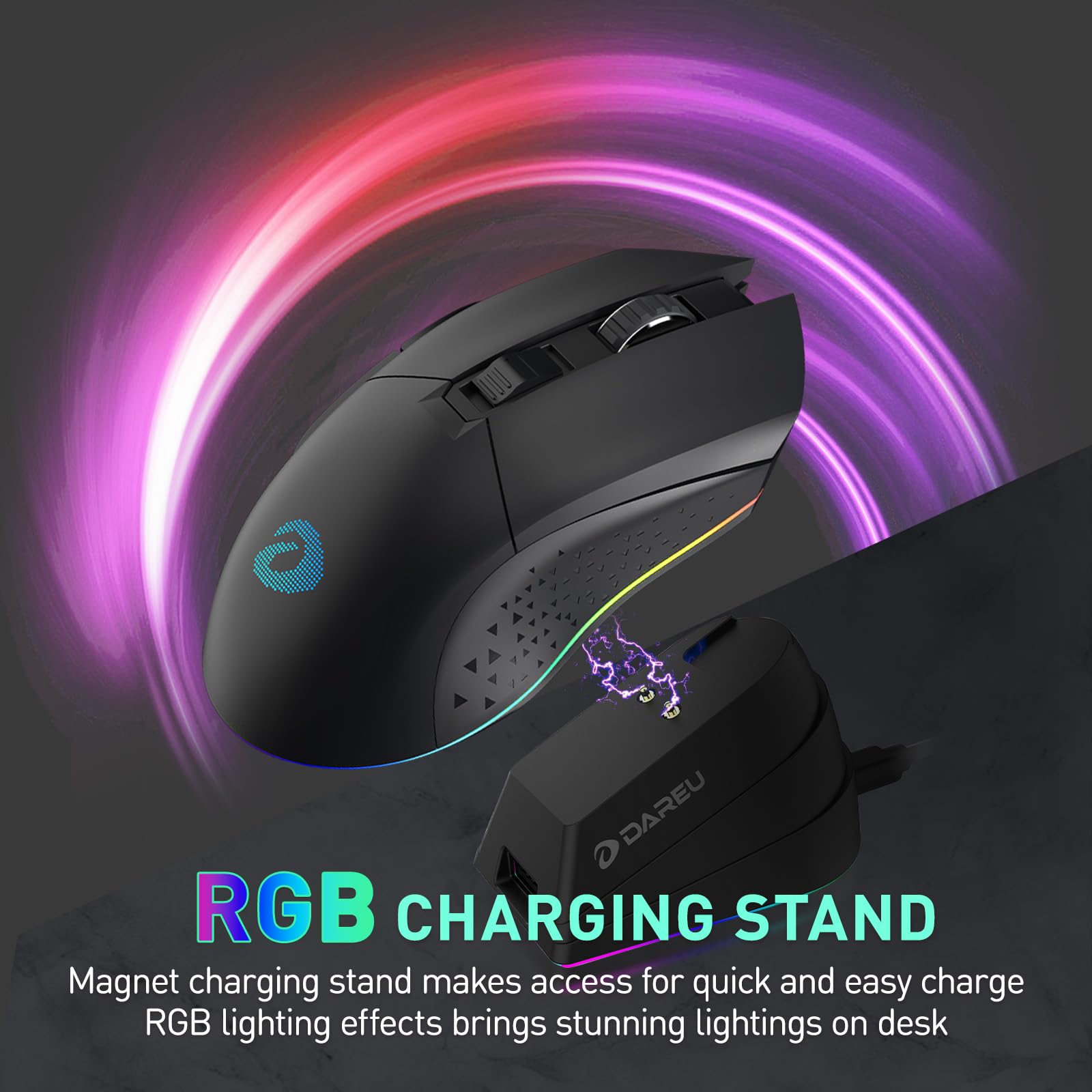 DAREU EM901X Wireless Gaming Mouse with Charging Dock Rechargeable RGB,12K DPI,7 Programmable Buttons High-Precision Sensor [300IPS] [1000Hz] for PC Notebook Mac