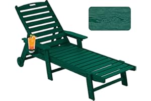 Serique Chaise Lounge Chair Outdoor with Wheels, Oversize Patio Lounge Chair with Wood Texture, 5-Position Plastic Lounge Chair for Poolside, Patio, Deck, Beach(Green)