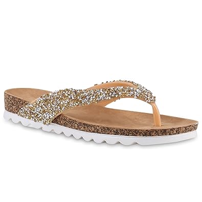 Stiefelparadies Damen Sandalen Zehentrenner Glitzer Korkoptik Flandell