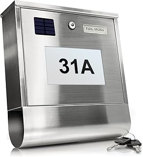 TÄGA 2210 S Solar Briefkasten mit beleuchteter Hausnummer I Automatische Nachtbeleuchtung durch Helligkeitssensor und Akku I Zeitungsfach I Namensschild I Edelstahl I abschließbar mit 2 Schlüsseln