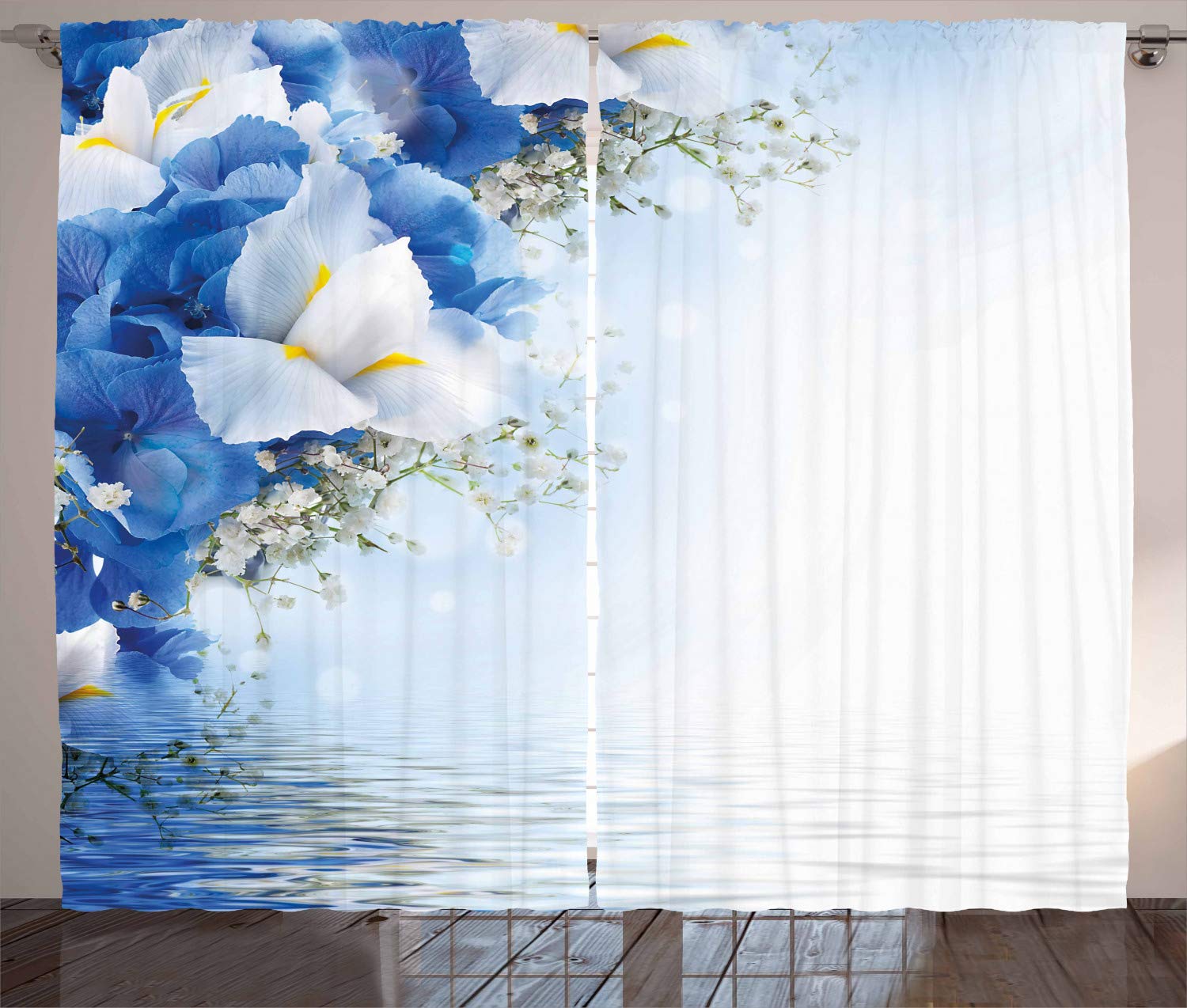 ABAKUHAUS Blue and White Curtains, Hydrangeas Irises, Living Room Bedroom Window Drapes 2 Panel Set, 280 x 260 cm, White Yellow