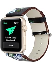 YOSWAN Bracelet for Apple Watch, National Black White Floral Printed Leather Watch Band 38mm 42mm Strap for Apple Watch Flower Design Wrist Watch Bracelet