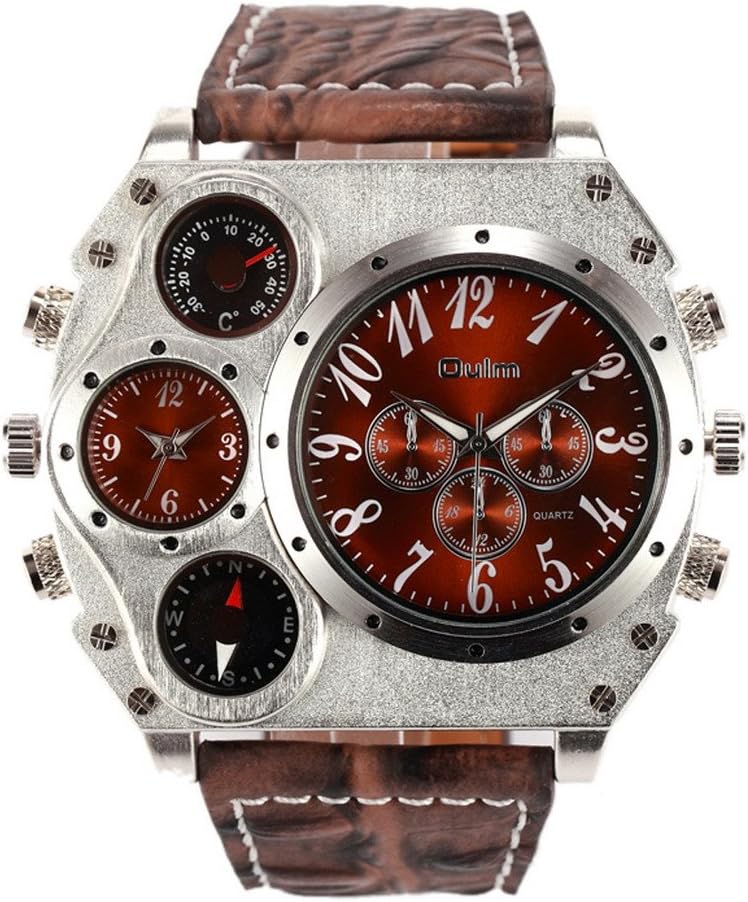 MixeOulm Mens Dual Sports Military Watch with Compass and Thermometer Decoration Big Dial - Brown