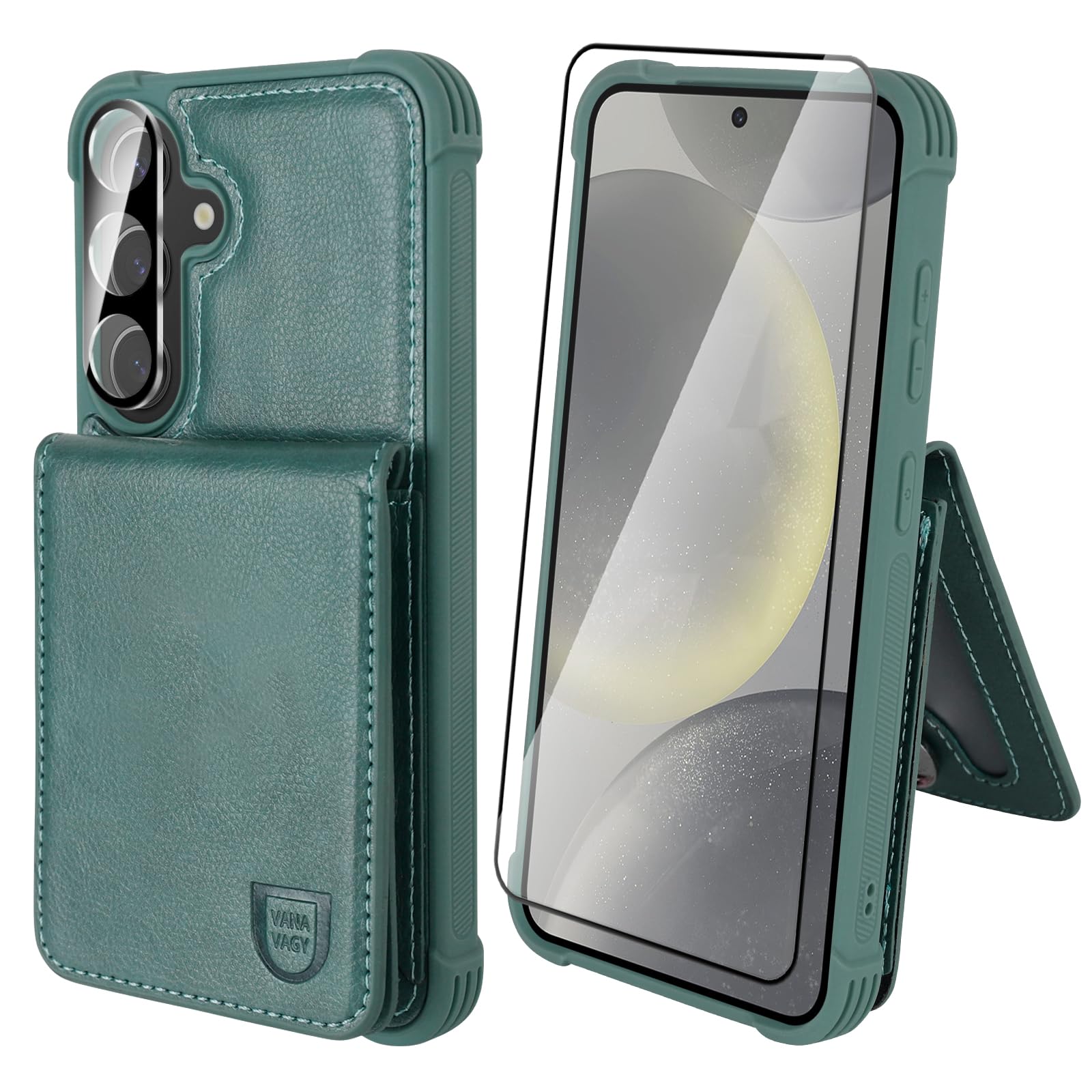 VANAVAGY Wallet Case Compatible for Galaxy S24 5G for Women and Men,Leather Magnetic Clasp Flip Folio Phone Cover with Credit Card Holder and Coin Pocket,Forest Green