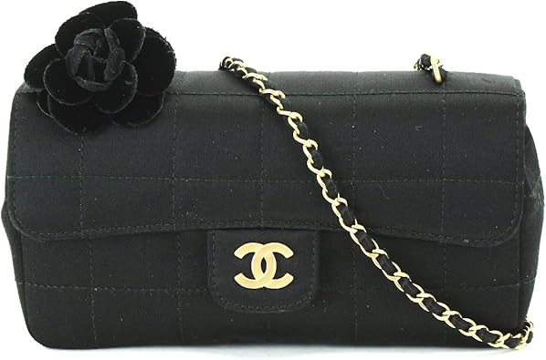 Amazon 新同 シャネル Chanel チョコバー チェーン ショルダー バッグ カメリア サテン レザー ブラック A 中古 Chanel ショルダーバッグ