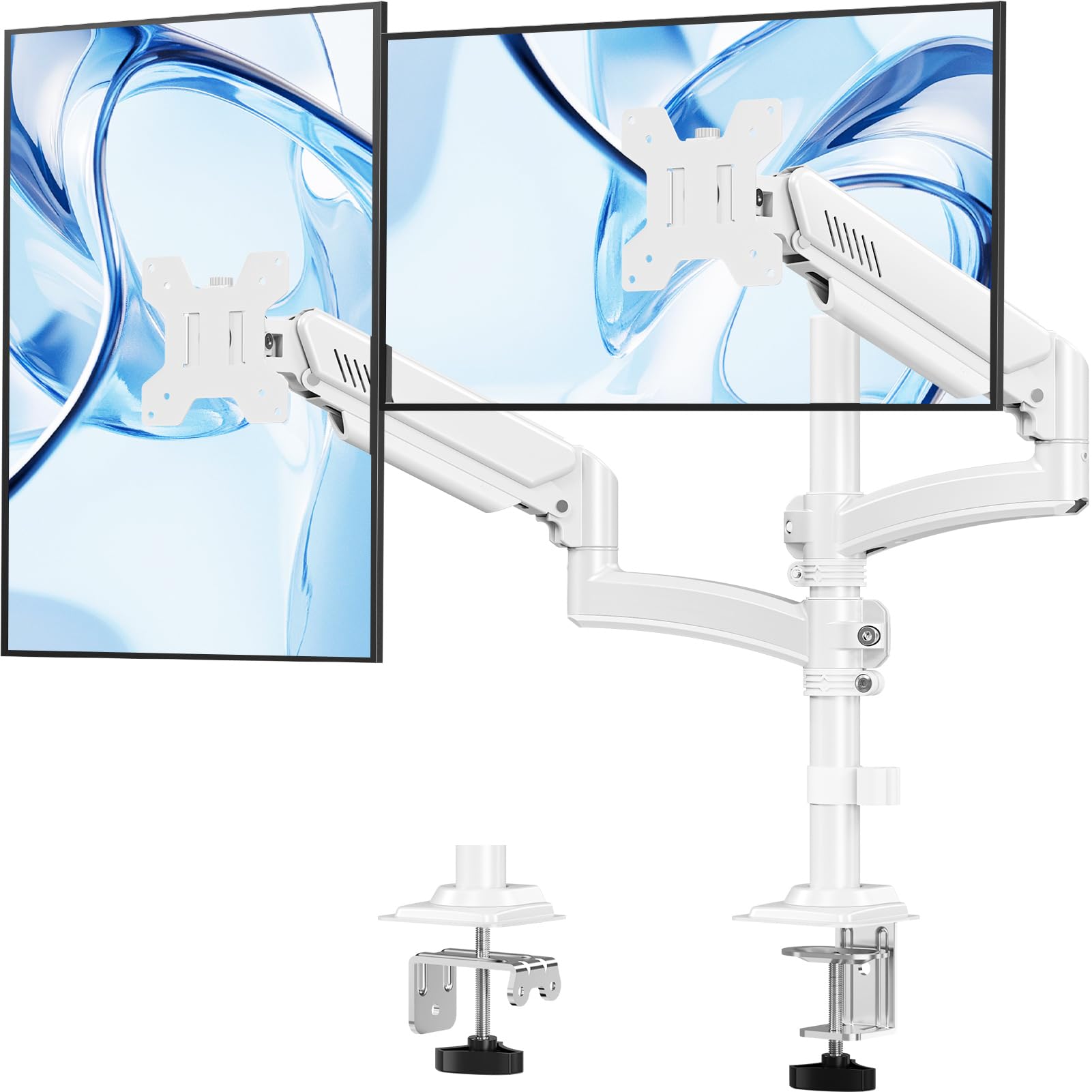 Photo 1 of Dual Monitor Stand for Computer Screen up to 32", Taller Monitor Arms Holds 22 lbs Each, Dual Monitor Desk Mount,Height Adjustable Gas Spring VESA Mount with C-clamp Grommet Mounting, White, Freelift