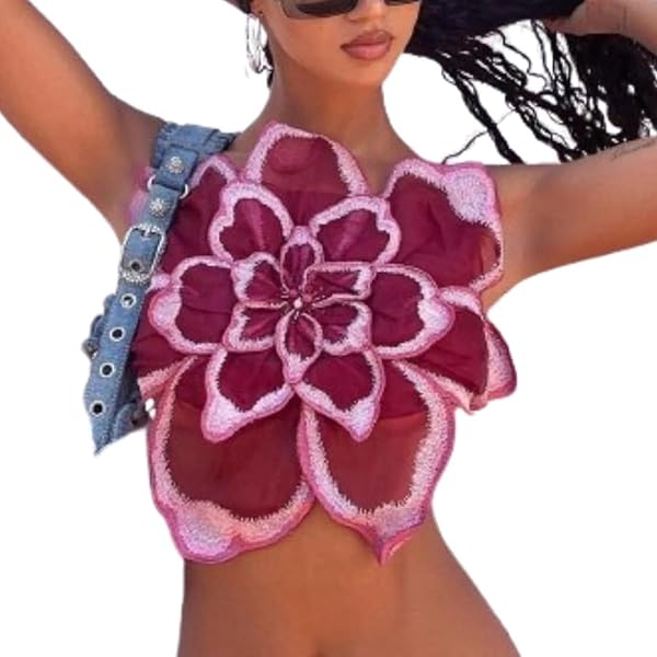 Gaono Women's 3D Flower Cami Top y2k Sleeveless Backless Spaghetti