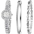 Clastyle Slim Watch and Bracelets Set with 2 Bangles Elegant Rhinestone Bracelet Silver Watch Ladies Wrist Watches Set Gift for Women